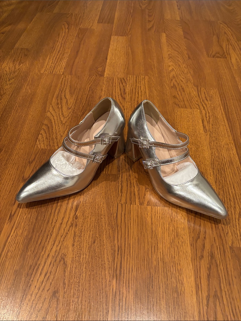 Aikelylmon Elegant Silver Metallic Mary Jane Shoes Chunky Heels 9.5 NWT